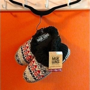 Mukluks, size 7/8 slippers with hard soles, black/white/red